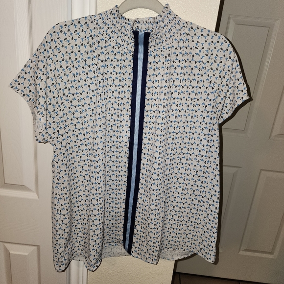 Collection Cezele sz L large smocked neckline contrast stripe floral blouse - Picture 1 of 5